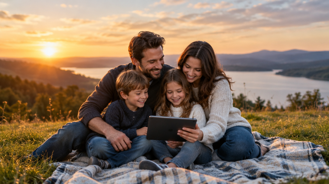 A family looking through photos together at sunset