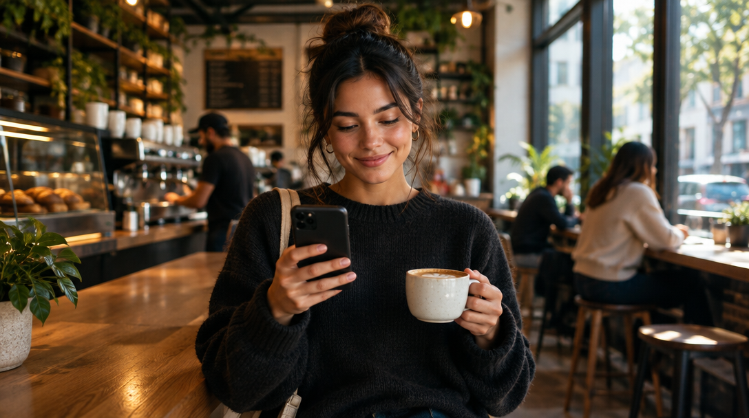 A café regular checking a phone while holding a coffee
