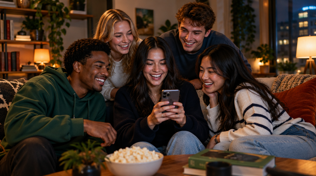 Five friends laughing together over a group chat on a phone