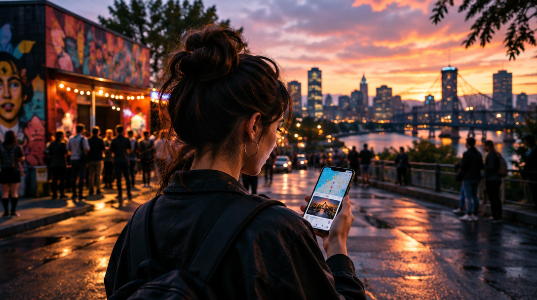 An explorer checking a discovery map by Portland’s waterfront at dusk
