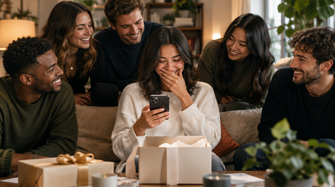 Friends gathered around a gift as one friend smiles at a message on her phone