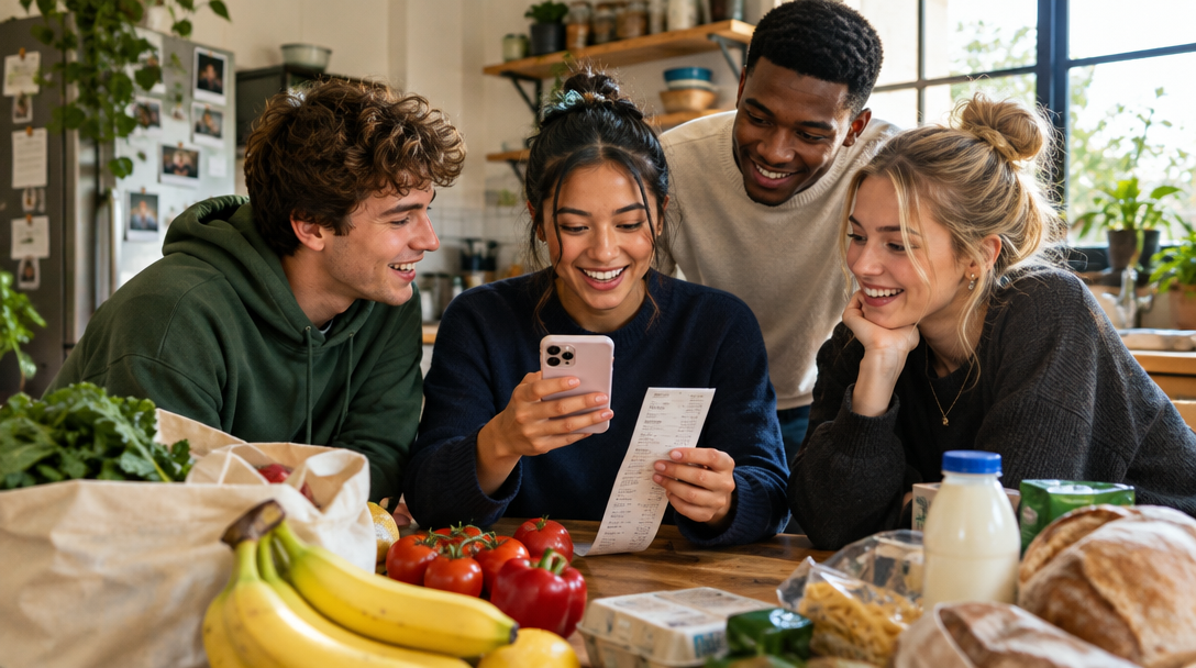 Friends comparing a grocery receipt over their food shop
