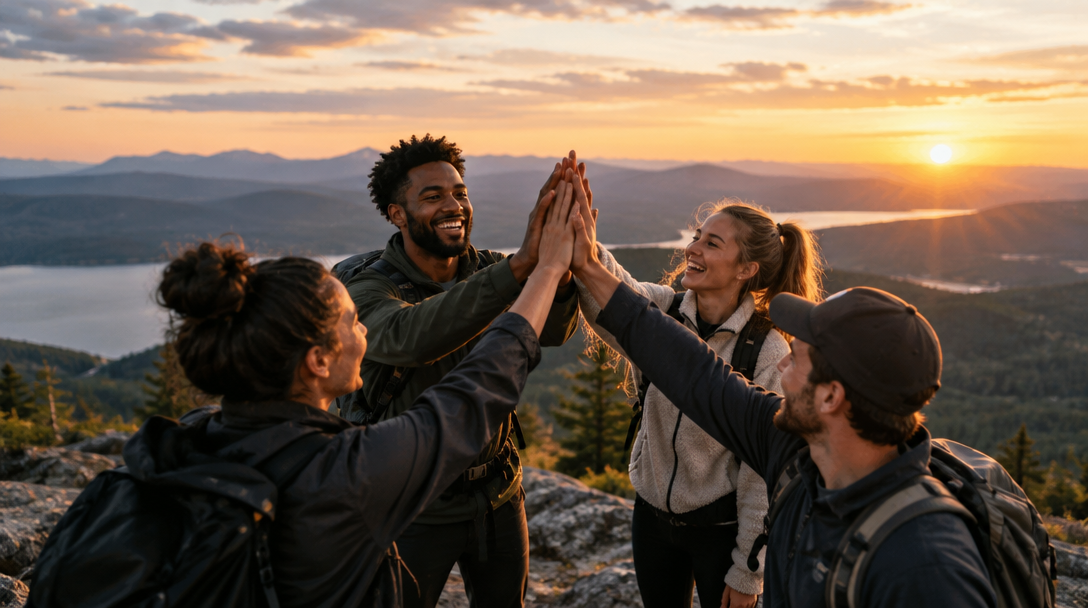 Friends celebrating together at the end of a mountain hike