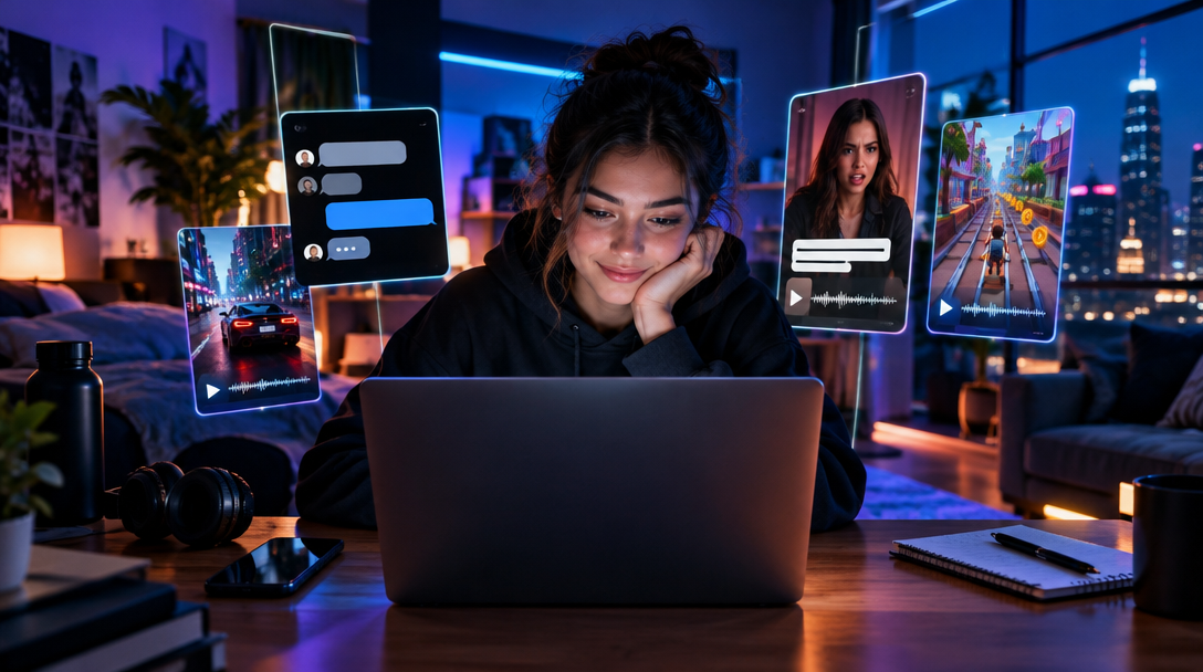 A creator at a laptop surrounded by storytime video panels