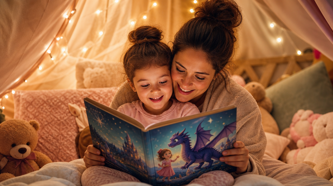 A child setting off on a magical storybook adventure