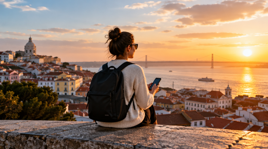 A traveler looking over Lisbon at sunset
