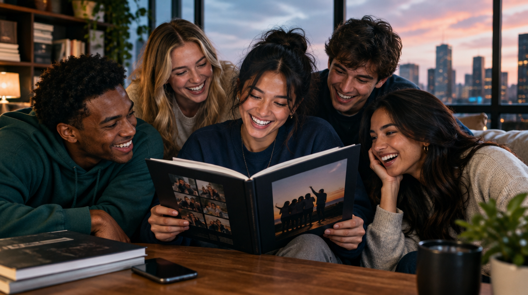 Friends laughing together as they look through their printed yearbook