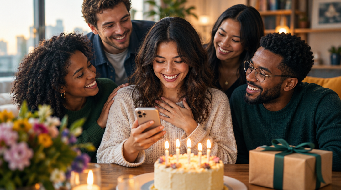 Friends gathered around a birthday cake as their friend smiles at a message on her phone