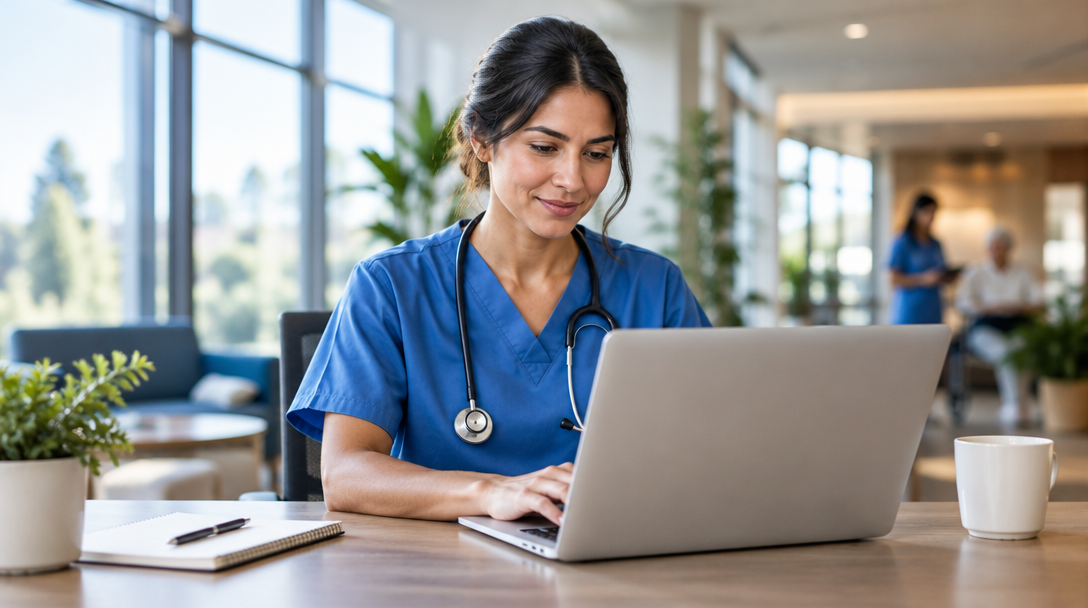 Care professional reviewing information on a laptop