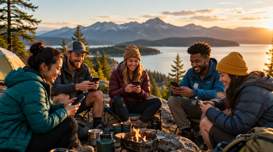 Friends planning a weekend together around a campfire