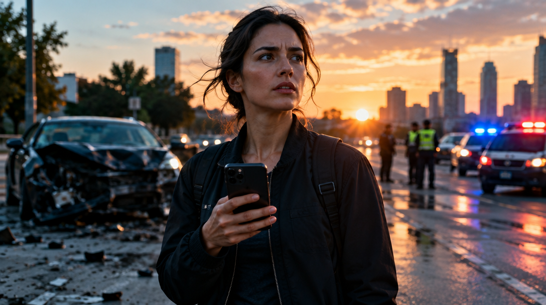 Illustrative road incident at dusk, with a person holding a phone and emergency vehicles in the background