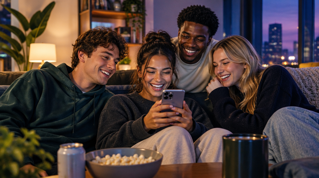 Friends laughing together while looking at a phone