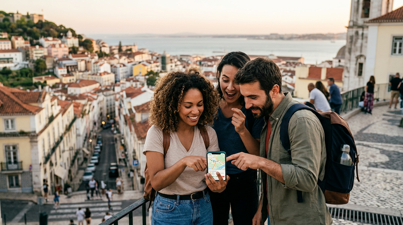 Friends overlooking a destination at sunset