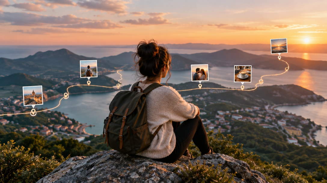 A traveler looking out over a coastal landscape, with meaningful places connected along a route