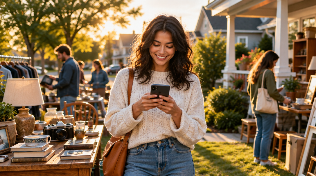 Neighbors browsing secondhand finds outside homes