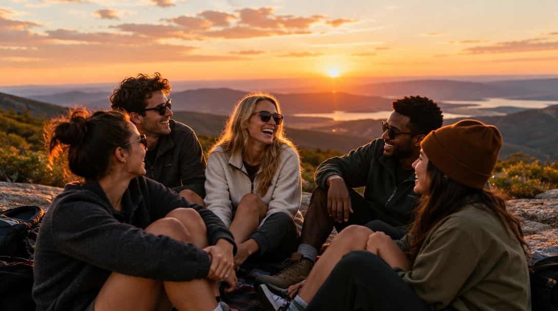 Friends sharing a candid moment at sunset