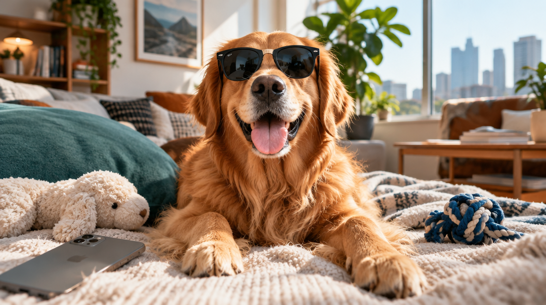 A golden retriever wearing sunglasses, relaxing at home among favorite toys