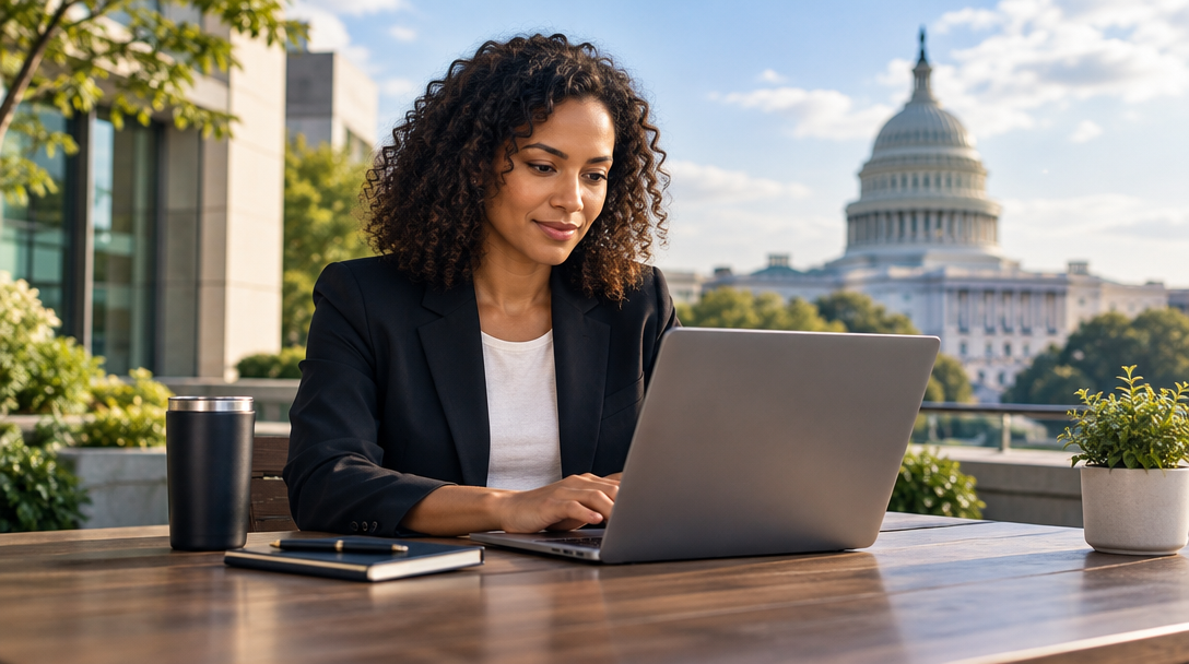 A contractor working on a laptop near the United States Capitol