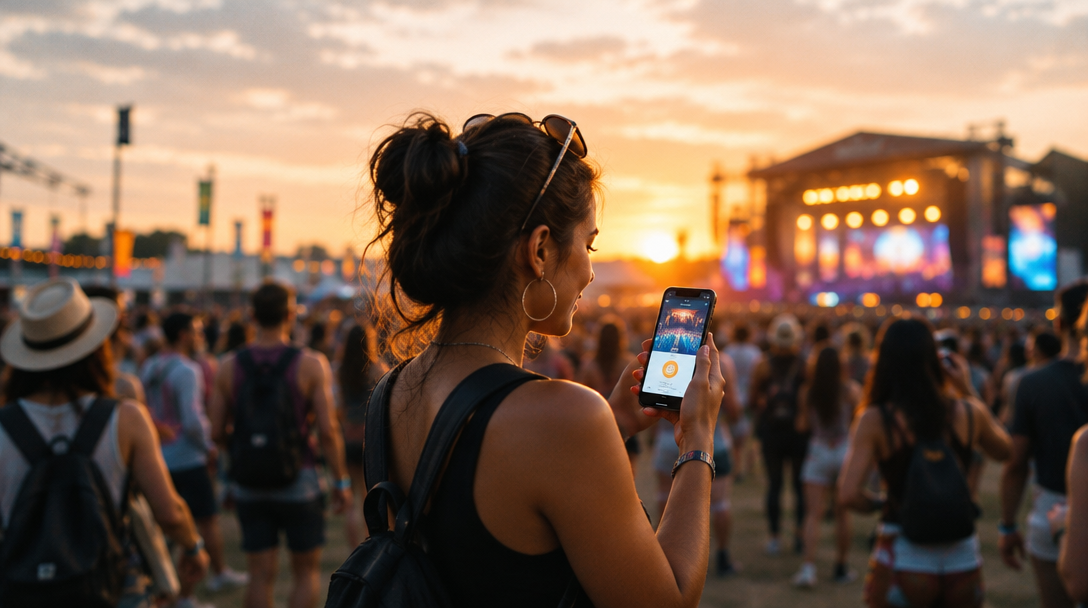 A concertgoer holding a phone in a festival crowd at sunset