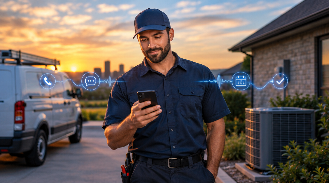 HVAC technician reviewing a phone outside a home at dusk