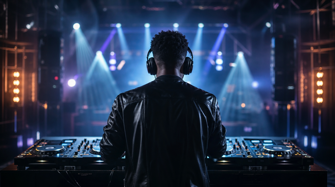 DJ performing under electric blue stage lights