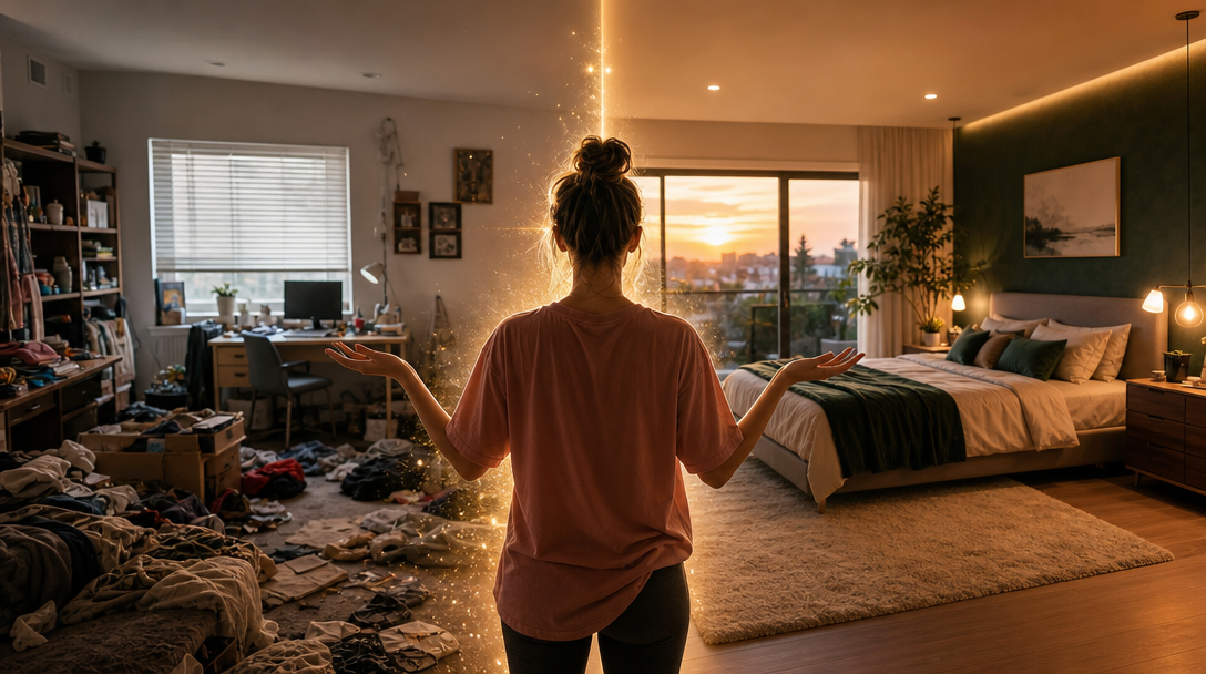 A warmly lit room makeover preview