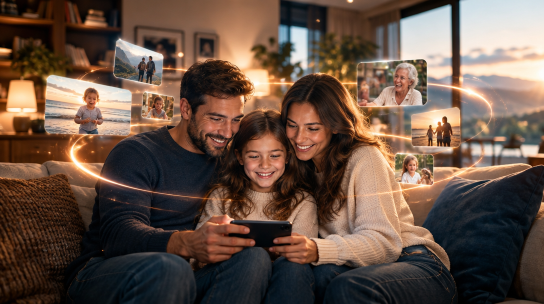 A family together, revisiting the memories captured on their phone