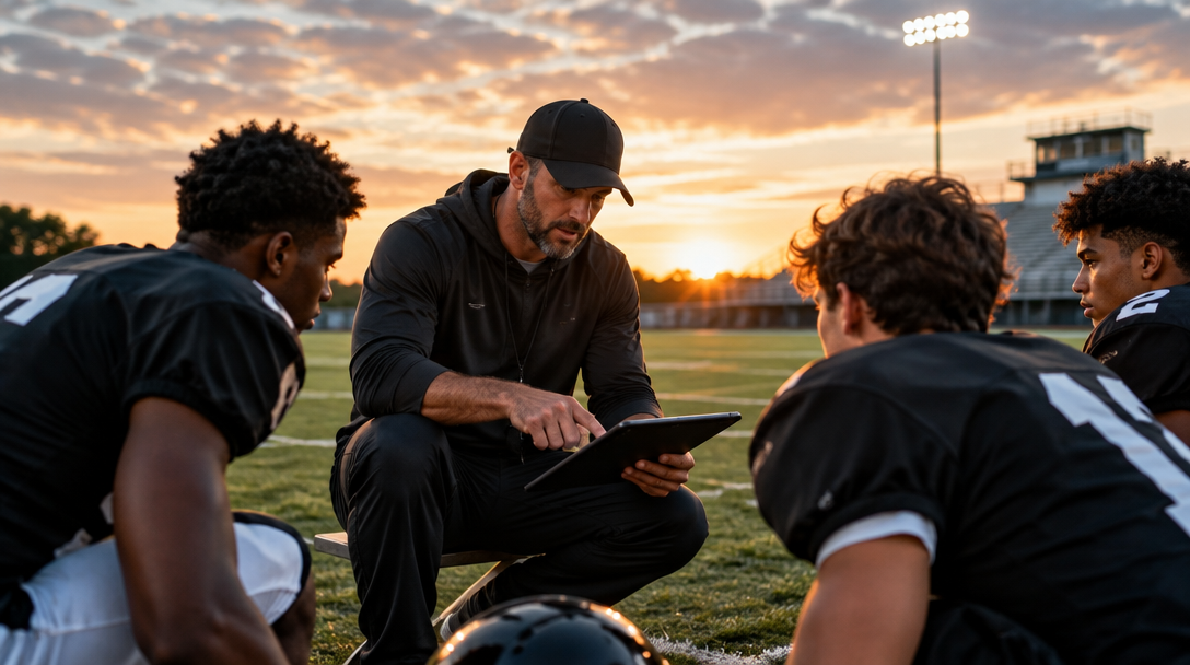 A coach reviewing the game plan with players on the field
