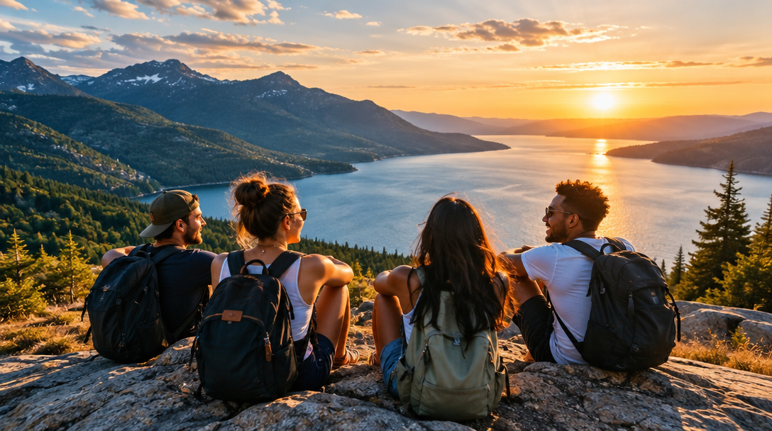 Friends watching the sunset from a rocky overlook above a lake