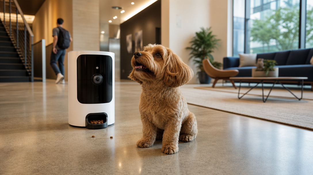 Happy dog on a TreatLoop lobby camera