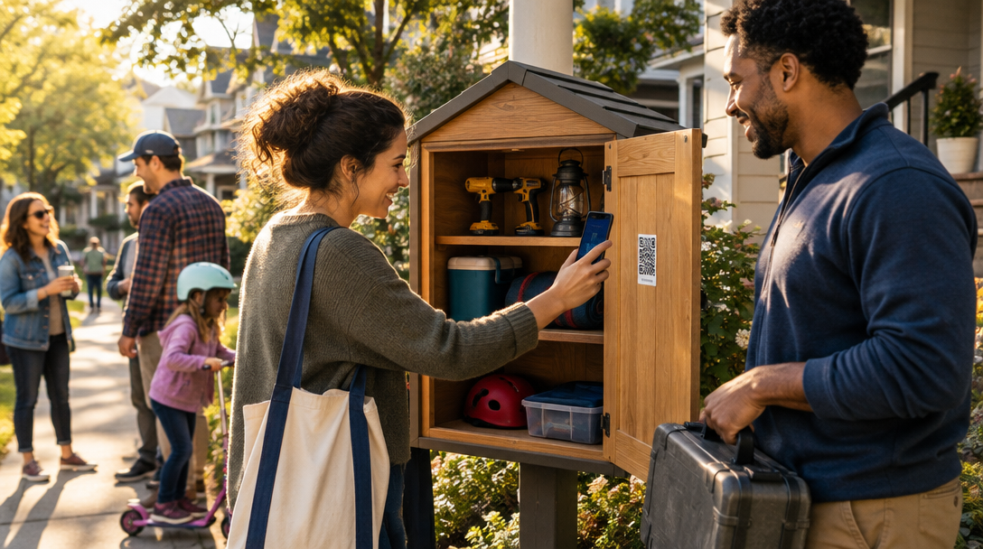 An illustration of neighbors gathering around a wooden lending shelf on a tree-lined street