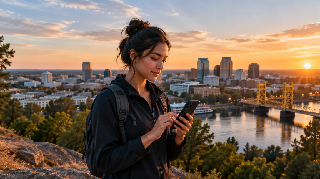 Sacramento skyline and Tower Bridge along the river at sunset