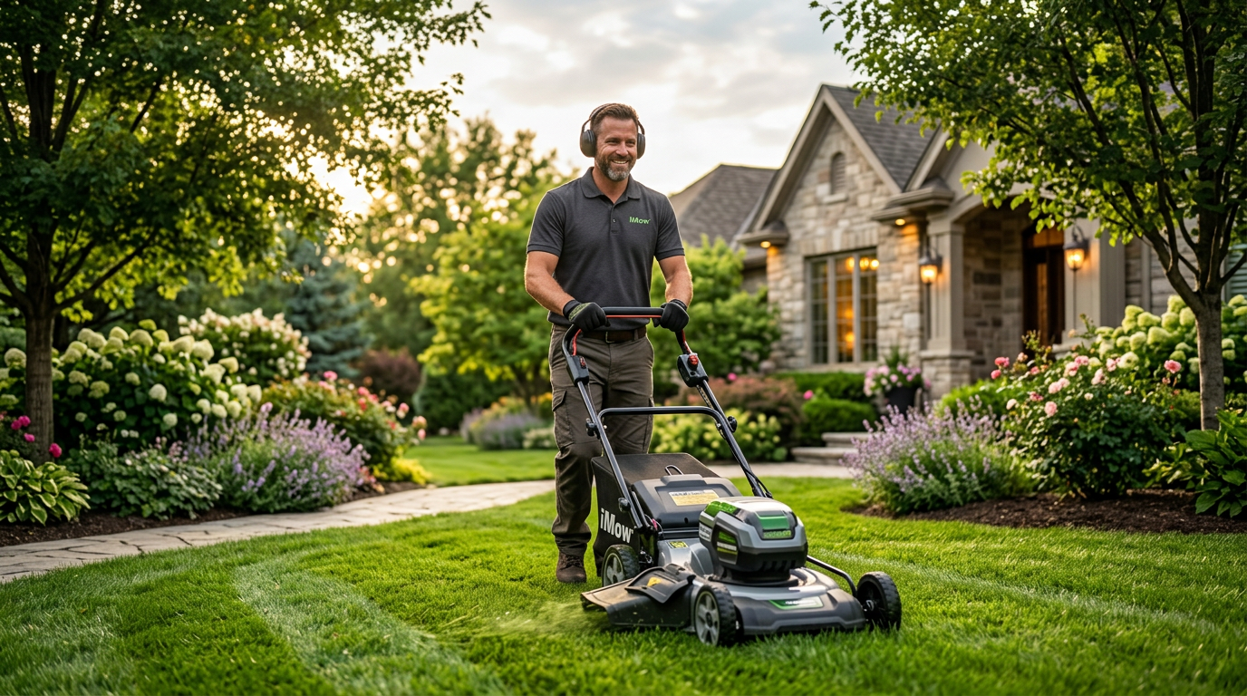 Independent lawn care contractor mowing a yard