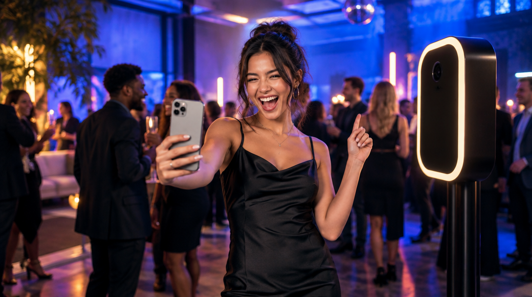 A guest taking a selfie beside the Roast Reel booth at a party
