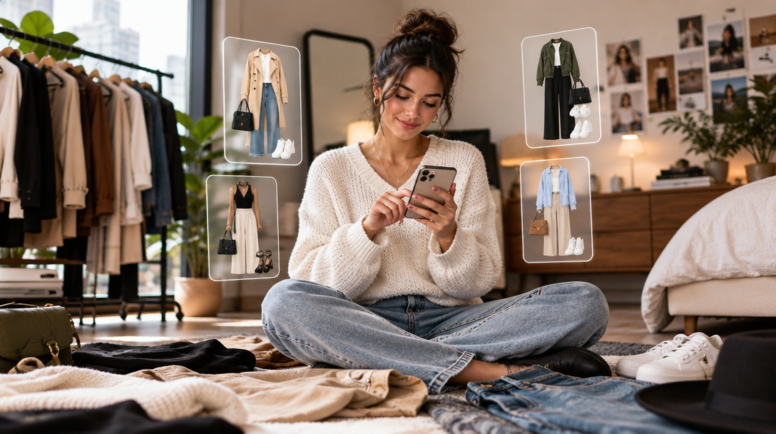 A woman using a styling app to explore outfits from her wardrobe