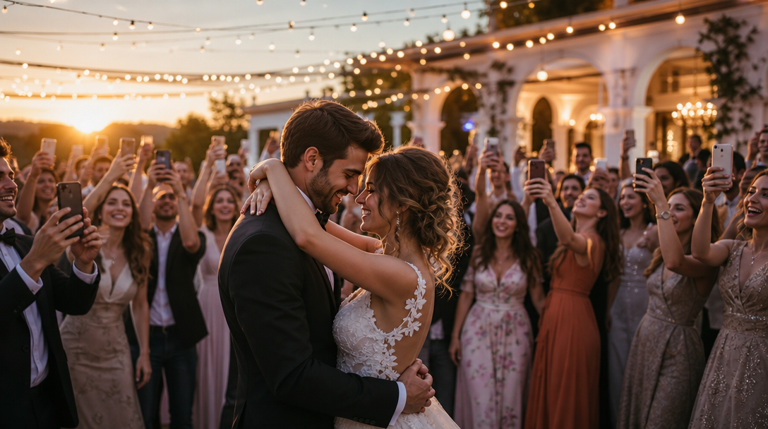 A couple enjoying a golden-hour wedding celebration