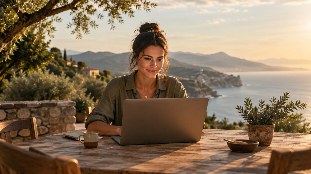 Independent professional working outdoors overlooking mountains and the sea