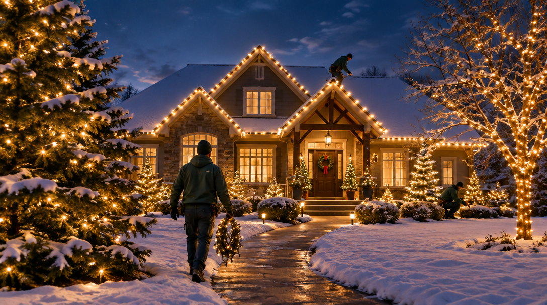 A home glowing with warm holiday lights on the roofline and trees