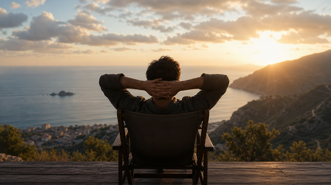 A person looking out across a mountain valley