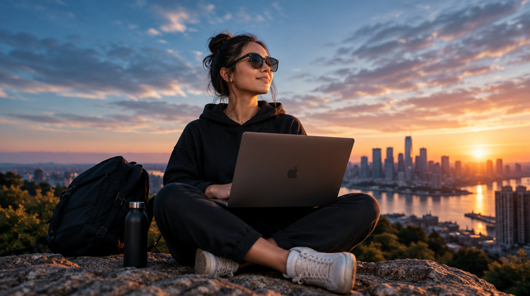 A person overlooking a city at sunset