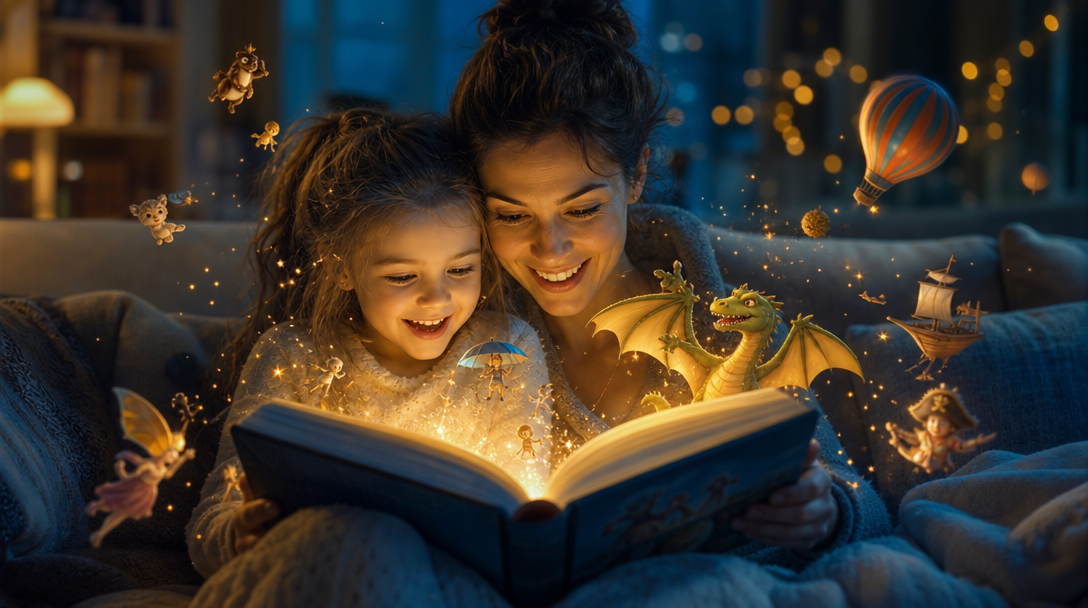 A child discovering a magical TaleNest story
