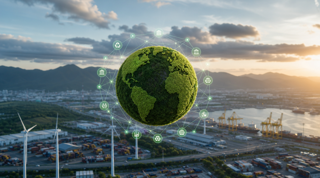 Aerial view of a global manufacturing supply chain