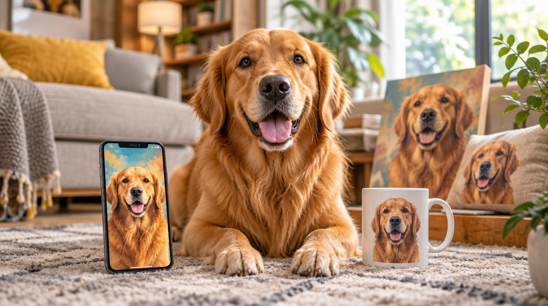 A golden retriever at home beside portraits of the same dog