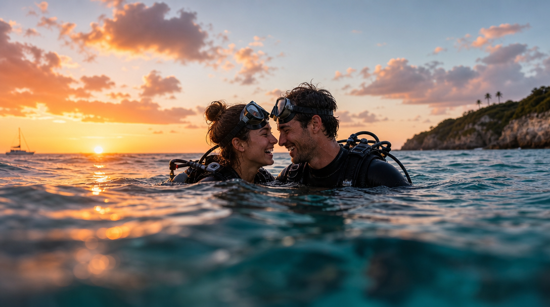 Couple standing together at sunset by the water