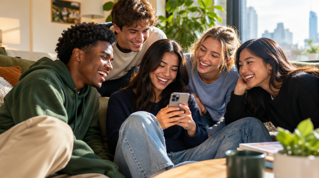 Friends sharing a laugh as they look at their group chat