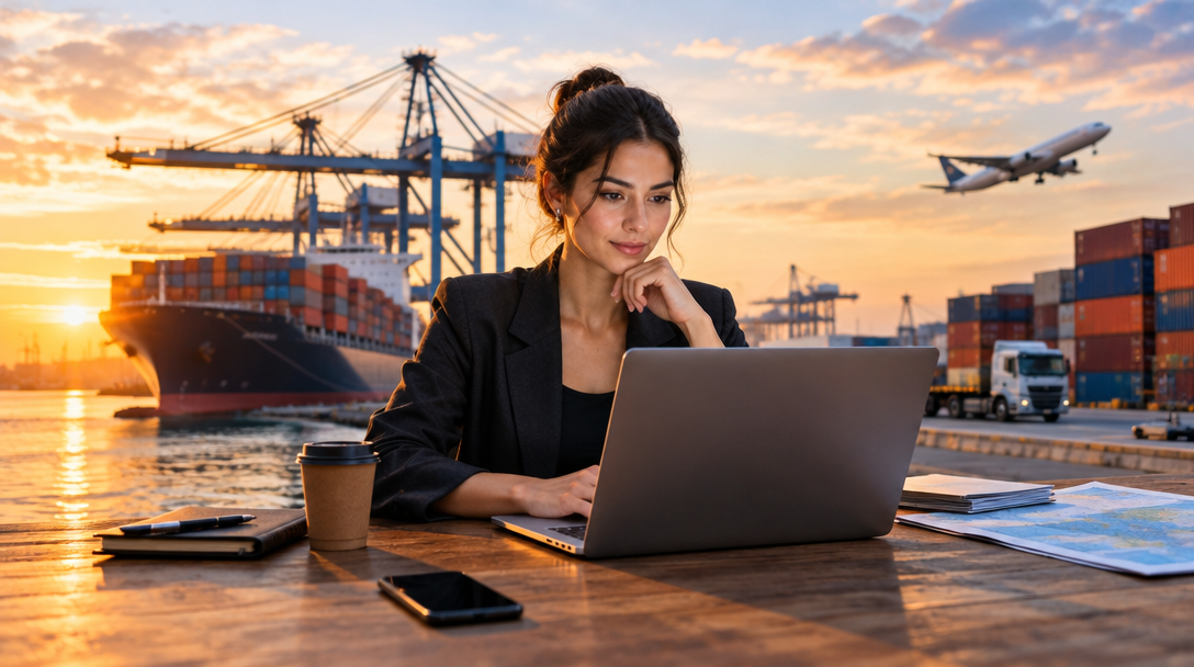 Sourcing professional reviewing shipment details at a container port
