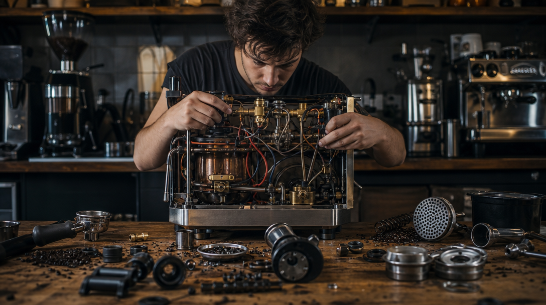 Close-up of an espresso machine under repair