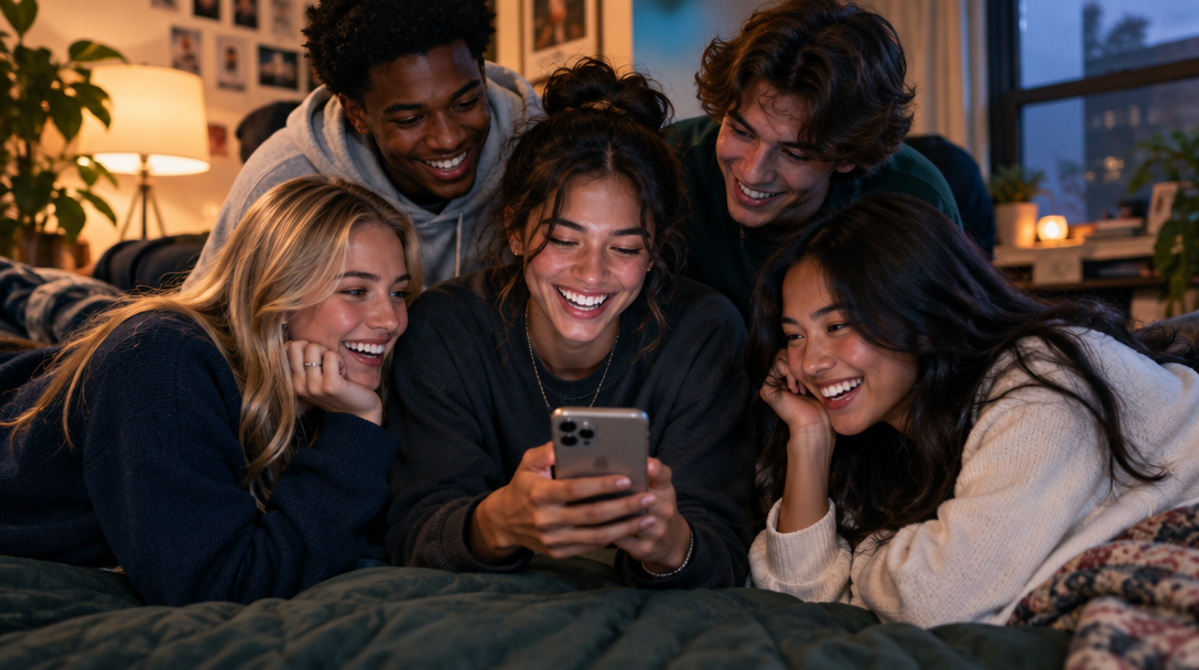 Friends laughing together while looking at a phone