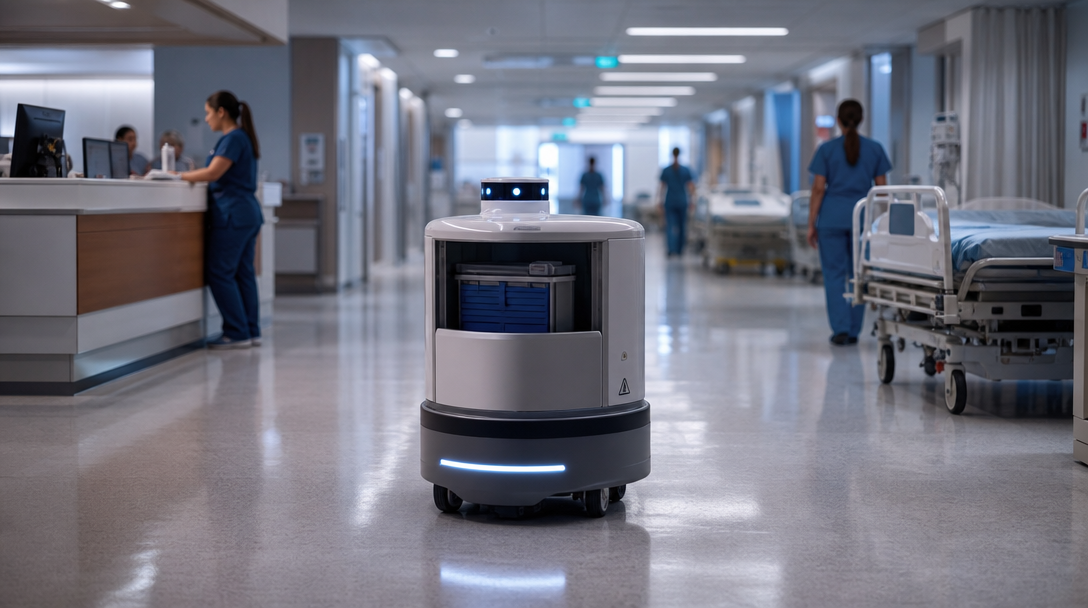 An AutoLogik hospital logistics robot in a clinical corridor