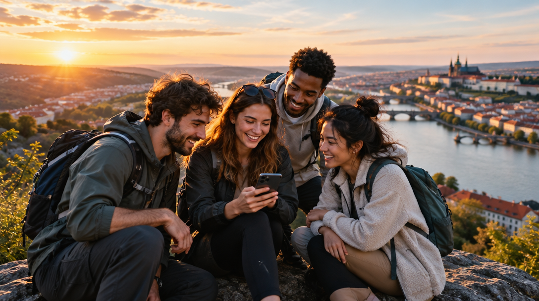 Friends planning an outing together at sunset